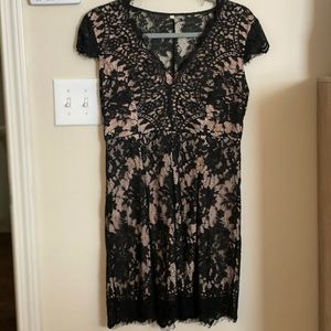 Tan Dress with Black Lace Overlay